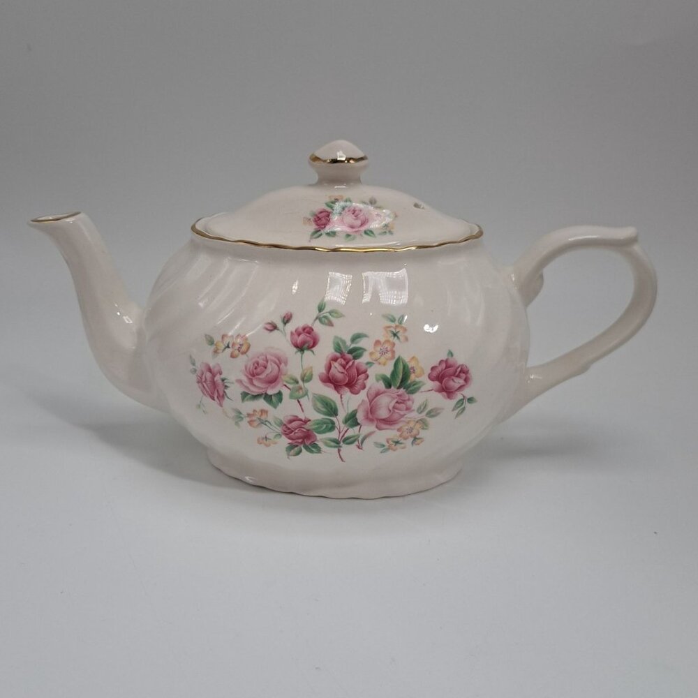 Arthur Wood & Son Staffordshire England Pink Rose Floral Gold Trim Teapot 6305